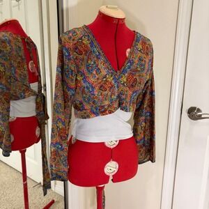 Rhea Paisley Open Back Cropped Top Long Sleeve Tassel Tie Boho Multicolor Small